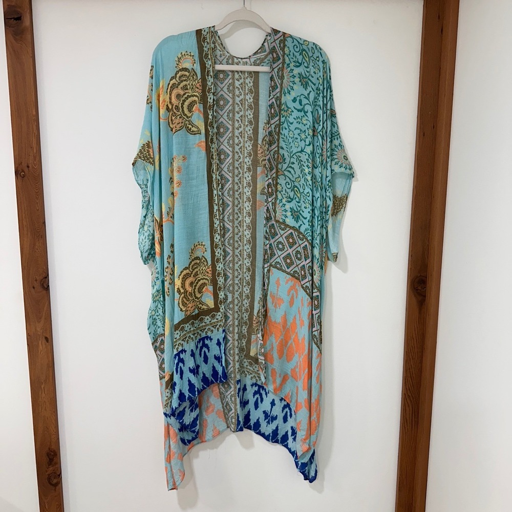 Lovestitch Patchwork Print Kimono Women O/S Blue Boho Side Slits | Bohemian